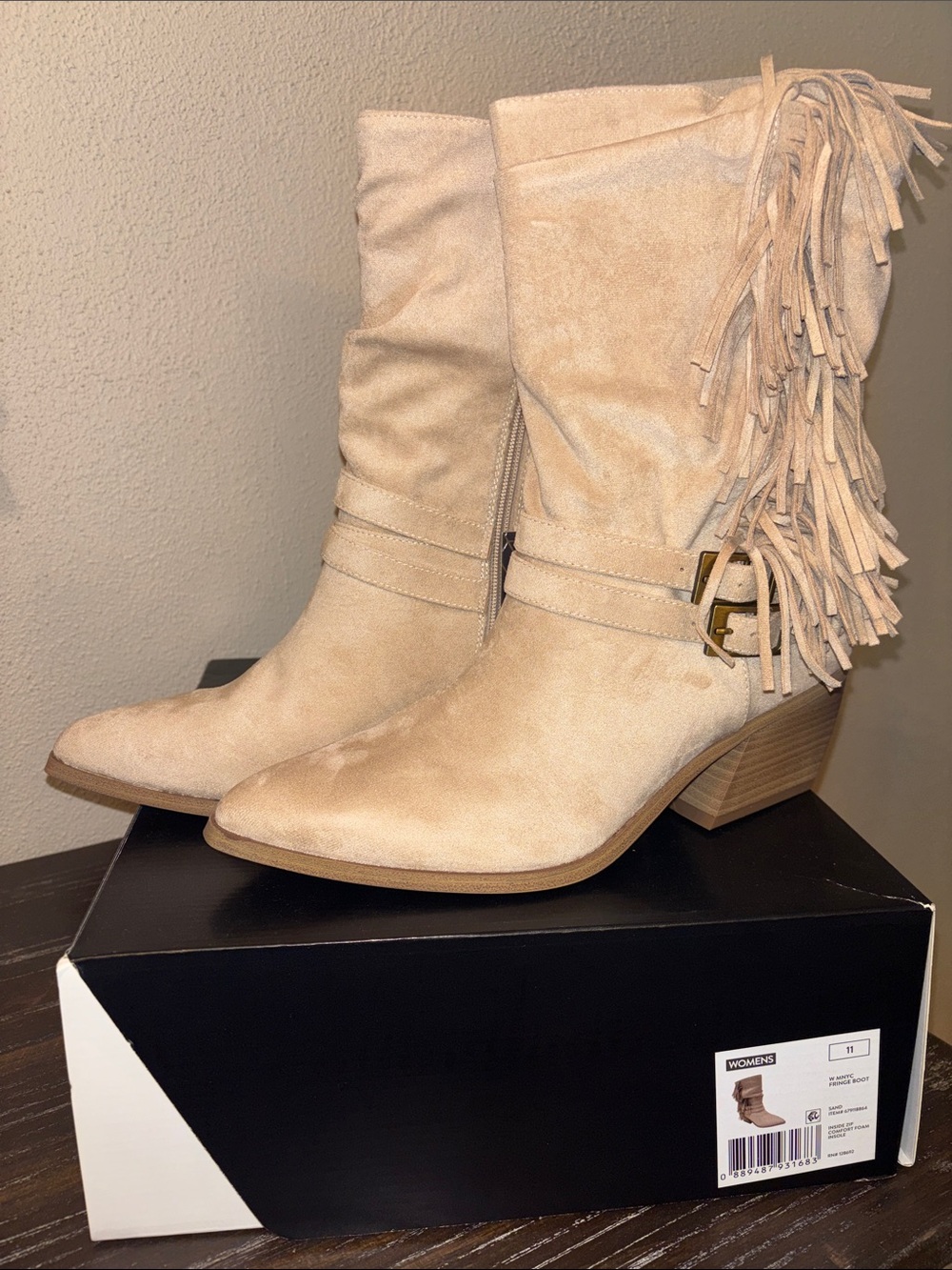 Madden NYC Fringed Suede Mid-Calf Heeled Boots - Cream 11